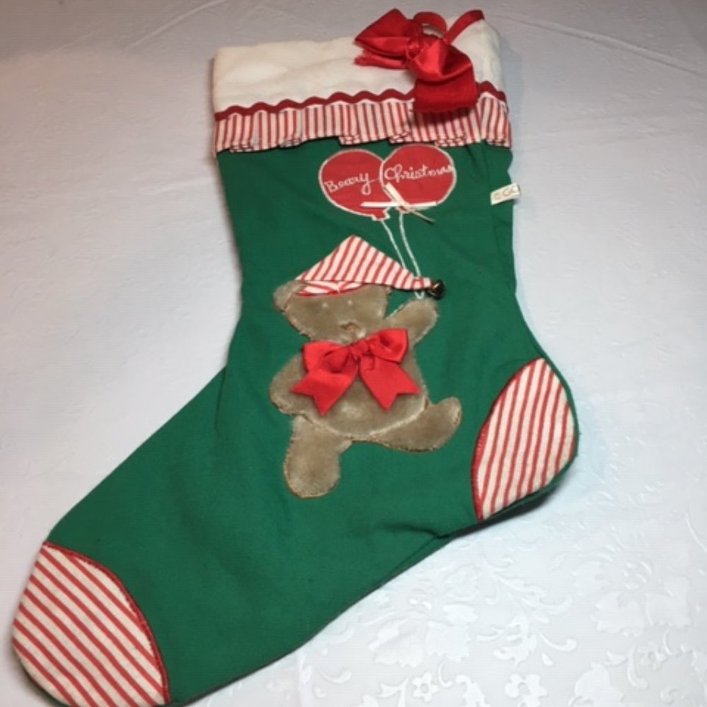 Vintage Gorham Beary Christmas Stocking Green Red White Furry Bear w/Balloons